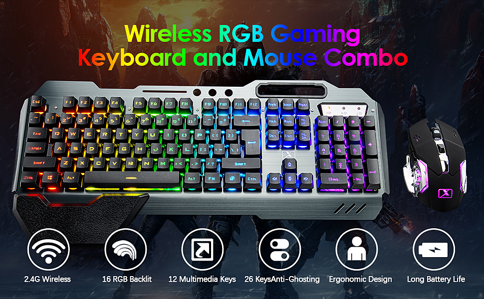 Набір бездротової клавіатури, миші та гарнітури для геймінгу, 4 в 1, RGB підсвічування, клавіатура з підставкою для зап'ястя, миша та Bluetooth-гарнітура