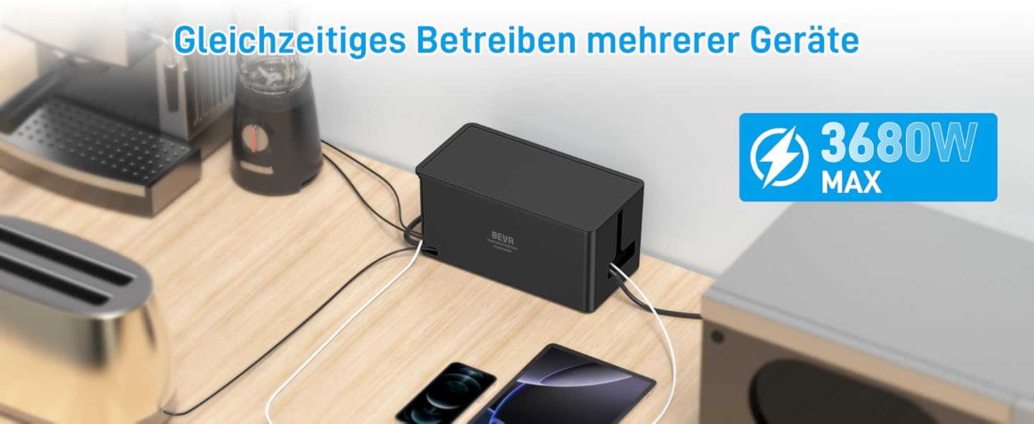 Блочок розеток BEVA з прихованими роз'ємами, 3680W/16A, захист від перенапруги 1050J, 2м кабель, 6 розеток + 3 USB-A + 1 USB-C (15W), з вимикачем, чорний