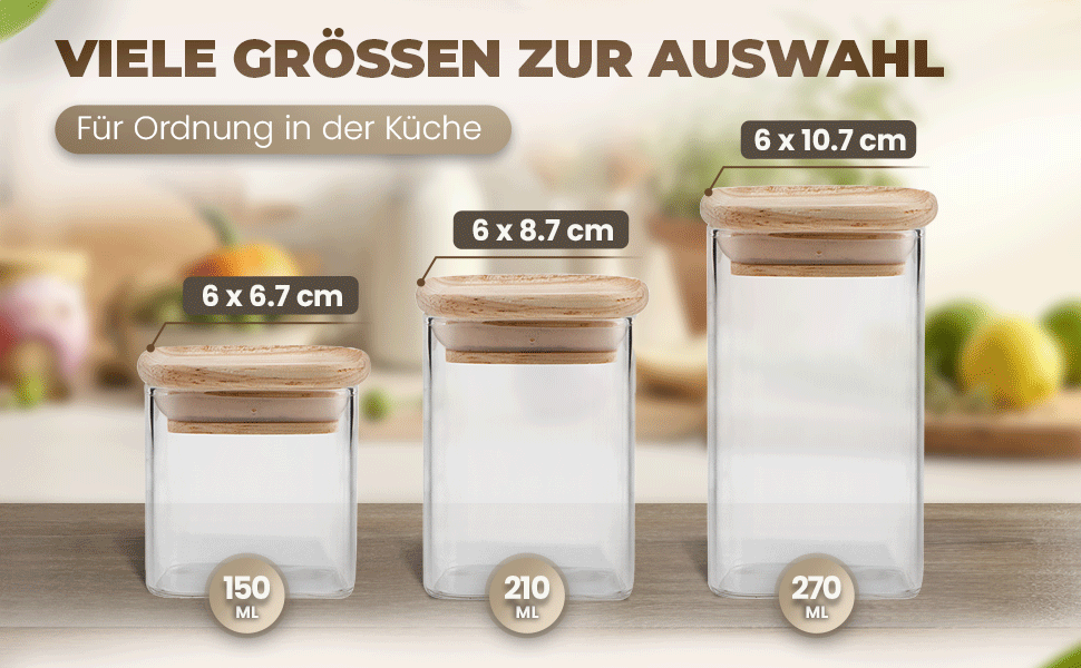 Stackable Spice Jars Set 150 ml Square - 12 Pieces - Airtight Glass Storage Containers - Bamboo Wood Lids - with Labels & Chalk Pen - Spice Storage, Kitchen Organization, Storage Jar