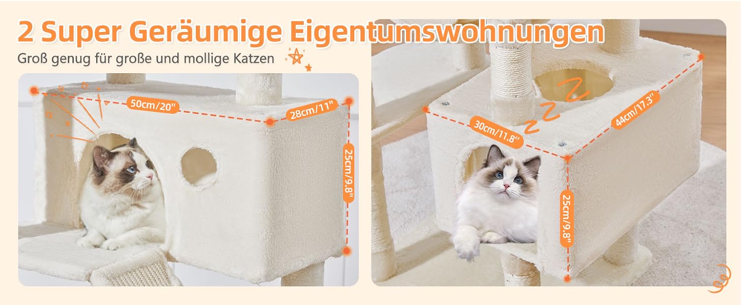 Дерев'яний кігтеточки Taoqimiao MS026W (Бежевий, 180 см) з 2 будиночками, гамаком та 8 кігтеточками