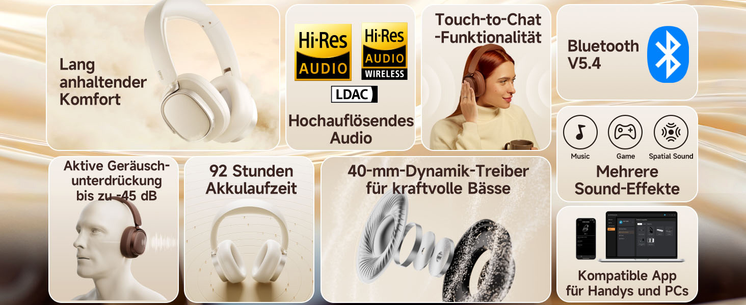 Навушники бездротові Edifier ES850NB з шумозаглушенням, Hi-Res Audio, Bluetooth 5.4, коричневі