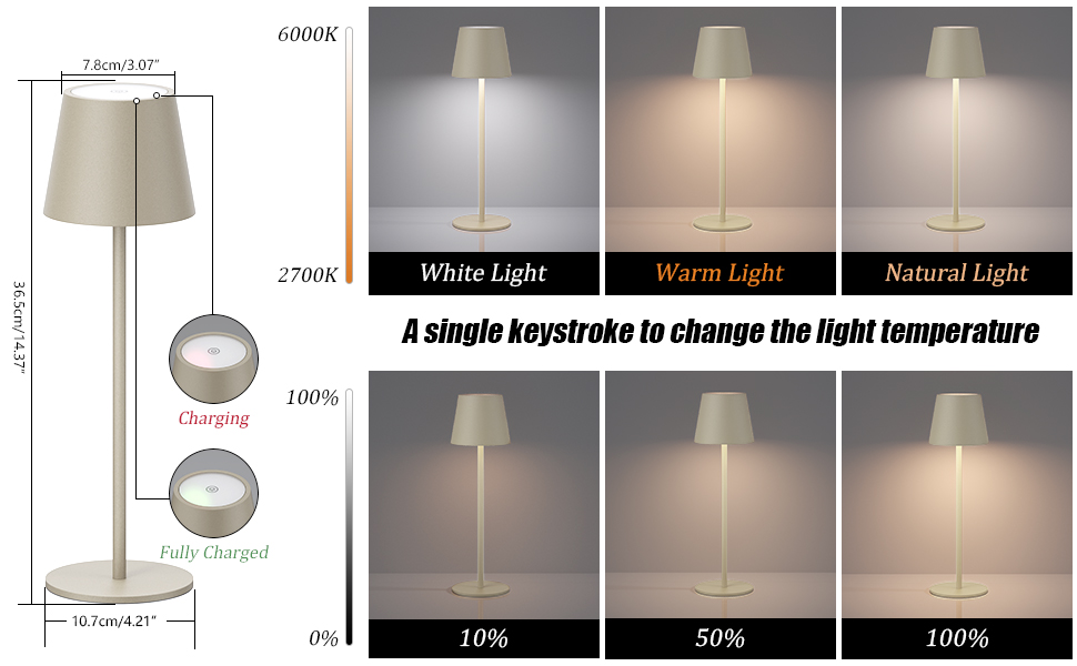 Aipsun: Бездротова LED-лампа настільна, акумуляторна, бежева, 6000mAh, регульоване світло (2700K-6000K), алюміній, IP54, вологостійка, для ресторану, спальні, бару, кемпінгу, 2 шт.