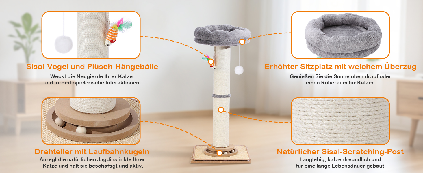 Дряпка для котів Trhillsbrad 81 см з м'ячиком та іграшками, з сизалю, для котів та дорослих котів