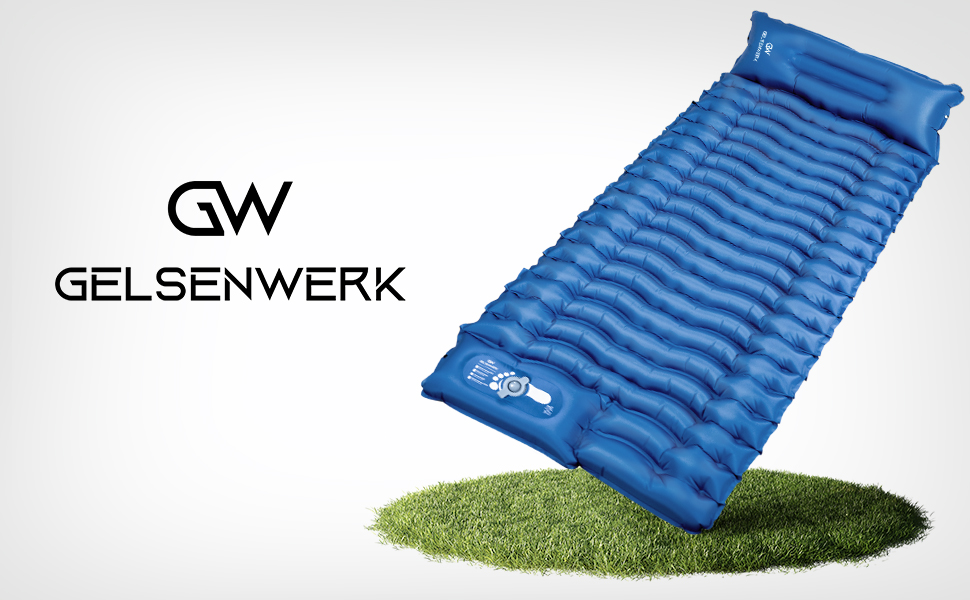 GELSENWERK Self-Inflating Sleeping Pad with Foot Pump - Ultralight Camping Air Mattress with Pillow for Travel, Hiking & Tent Use