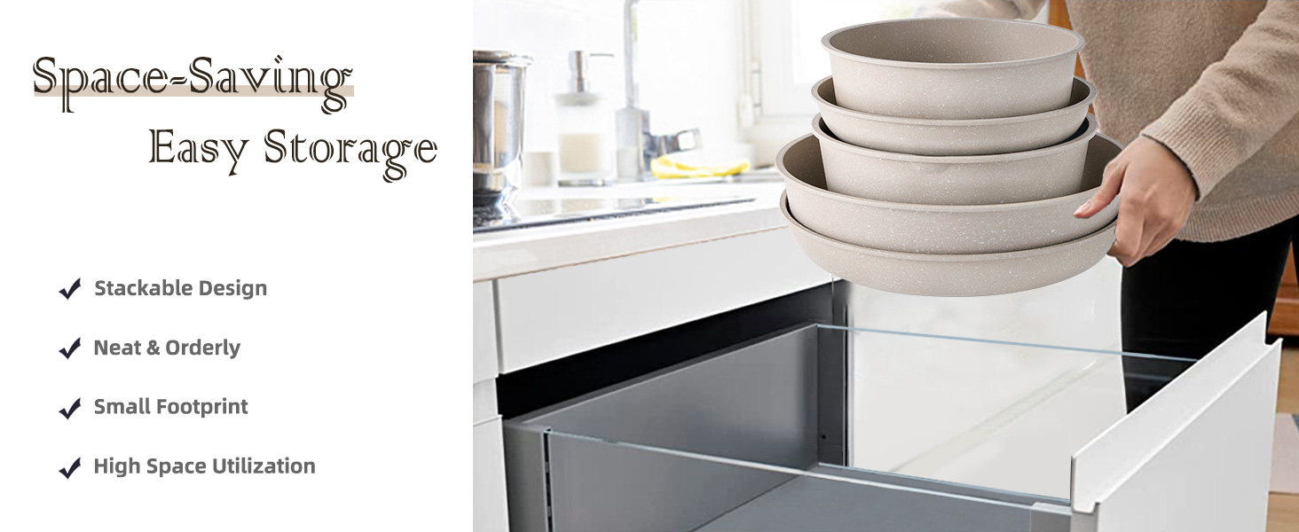 Набір посуду RIOVARM з індукційним дном, 15 предметів: каструлі та сковороди з антипригарним гранітним покриттям та знімними ручками, кришки з силікону. Без PFOA.