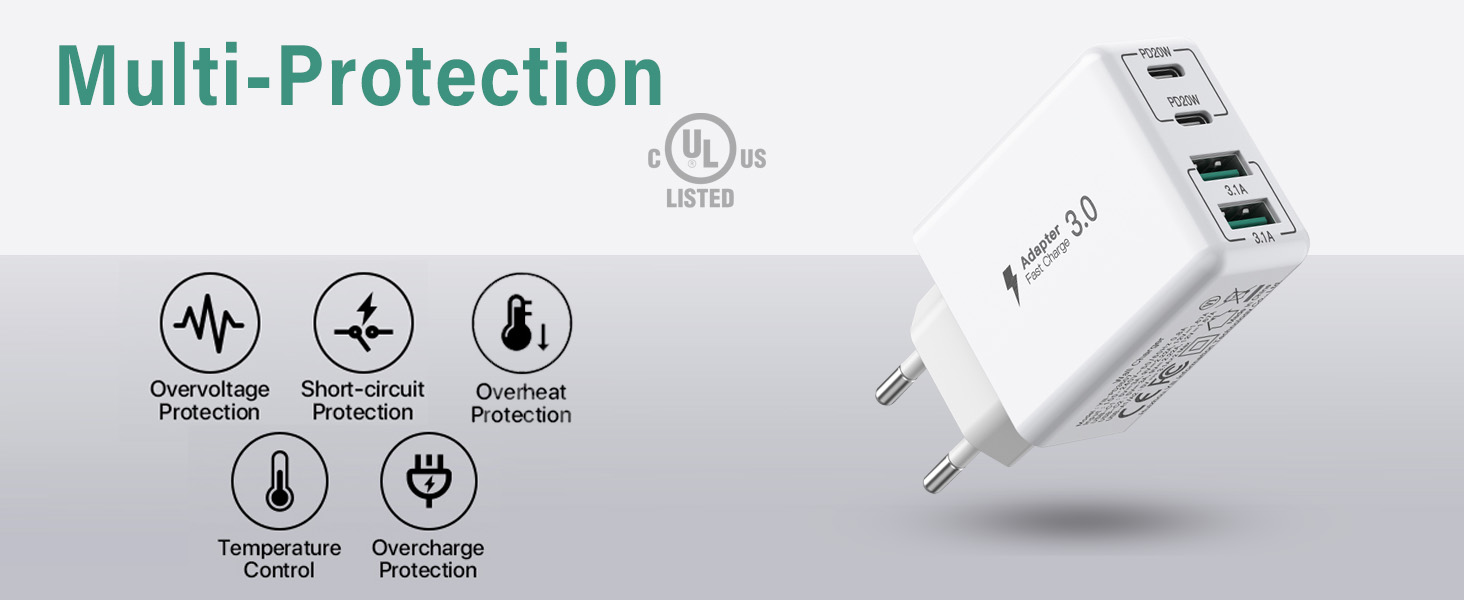 Блок зарядки USB C 40W з 4 портами: швидка зарядка PD+QC для iPhone, Samsung, Tablet (білий)