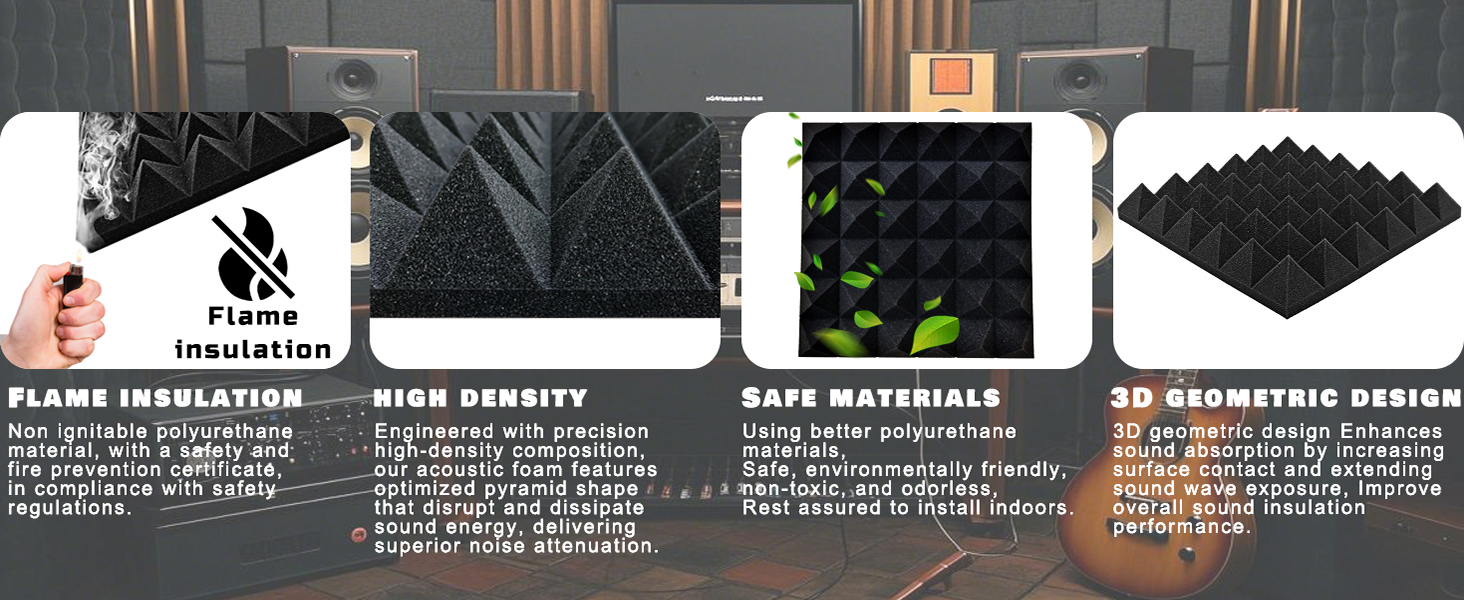 Самоклеючі акустичні панелі з шумопоглинаючого поролону 48 шт, звукоізоляційні пірамідні плити для студії та офісу, чорні, 30x30x2.5см та 30x30x5см