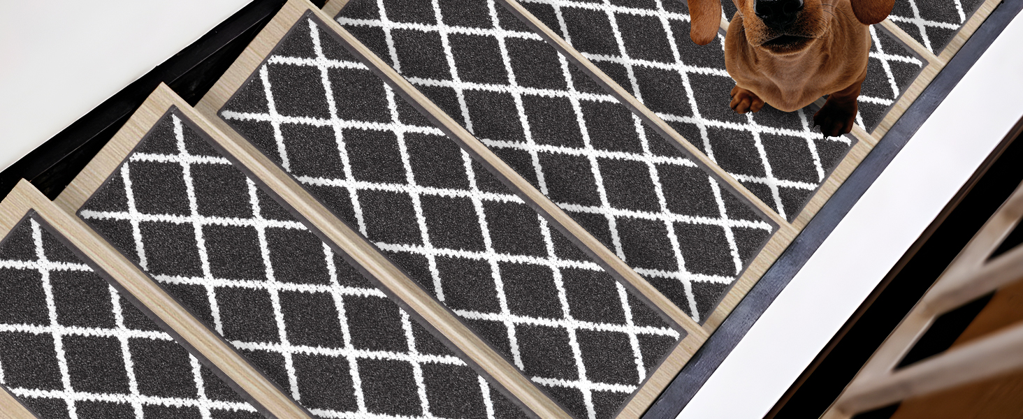 Комплект килимків для сходів COSY HOMEER (15 шт.), 70 x 22 см, антиковзаючі, самоклеючі, машинне прання, 100% поліестер, TPE-підкладка, для дітей, літніх людей та домашніх тварин, чорно-білі