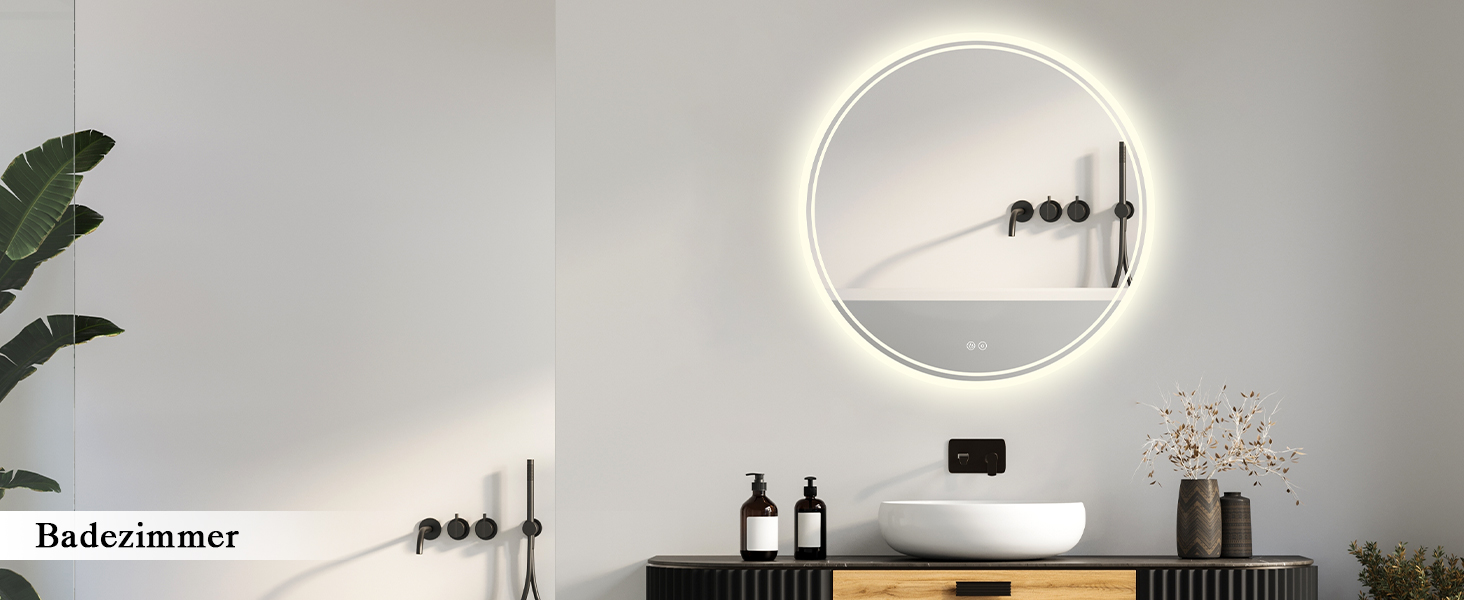 Дзеркало для ванної кімнати з підсвічуванням LED, антизапар, сенсорне управління, регулювання яскравості, 3 кольори світла, функція пам'яті, захист від вибуху, кругле дзеркало 50 см