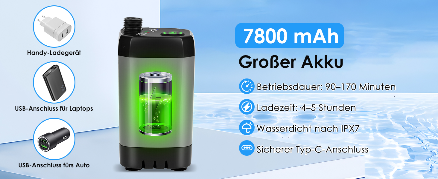 Портативна душова кабіна для кемпінгу GuKKK з насосом, акумулятором 7800mAh та індикатором температури, 2м шланг, регульована насадка, для подорожей
