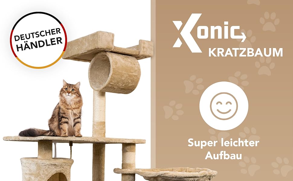 Кігтеточка для котів Foxdevil від xonic® - багатофункціональна кігтеточка з оглядовою платформою, гамаком, затишною печерею, іграшковою шнуркою, сходами – 141 см – (Бежевий V1)