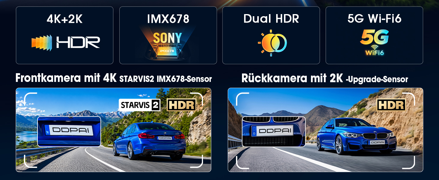 Автомобільний відеореєстратор DDPAI Z60 Master 4K+2K, передня та задня камери, Sony STARVIS2 IMX678, Dual HDR, 5G WiFi6, GPS, 3