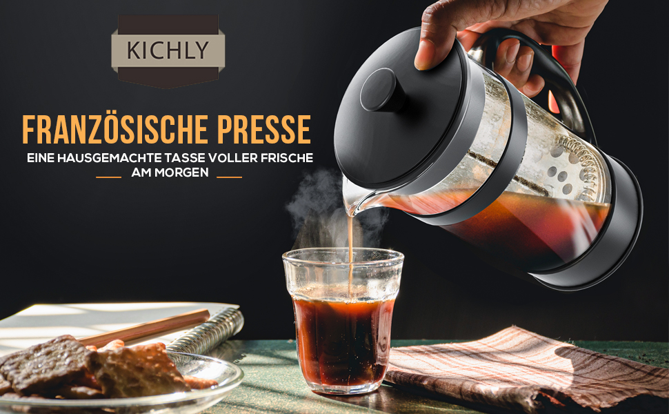 Френч-прес KICHLY 1000 мл: портативна кавоварка з нержавіючою сталлю та потрійним фільтром