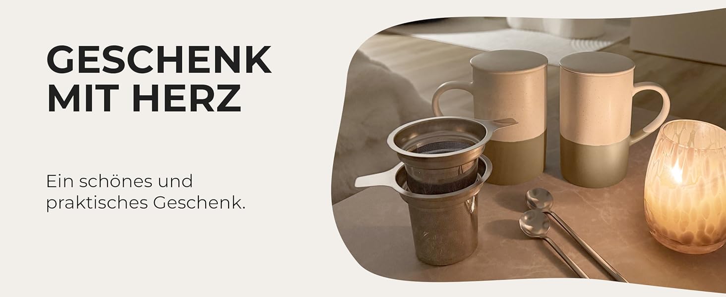 Набір чайних чашок Miamio 2 x 500 мл з кришкою та ситом, керамічні чашки з чайним ситечком та ложкою для заварювання листового чаю, подарунок для жінок, підходить для мікрохвильової печі та посудомийної машини (колір: коричневий)