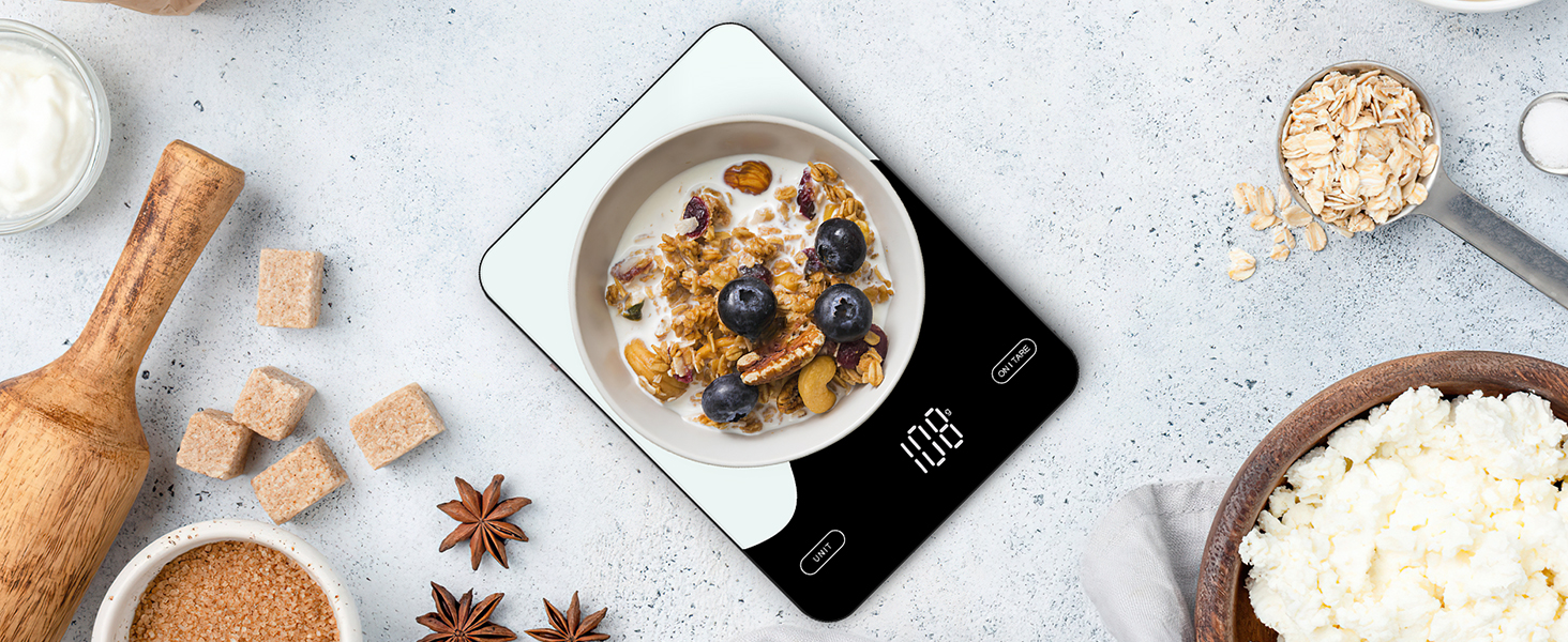 Brifit Kitchen Scale with App - 10kg/1g Digital Food Scale with Calorie Counter, LED Display, Tare Function, USB Rechargeable