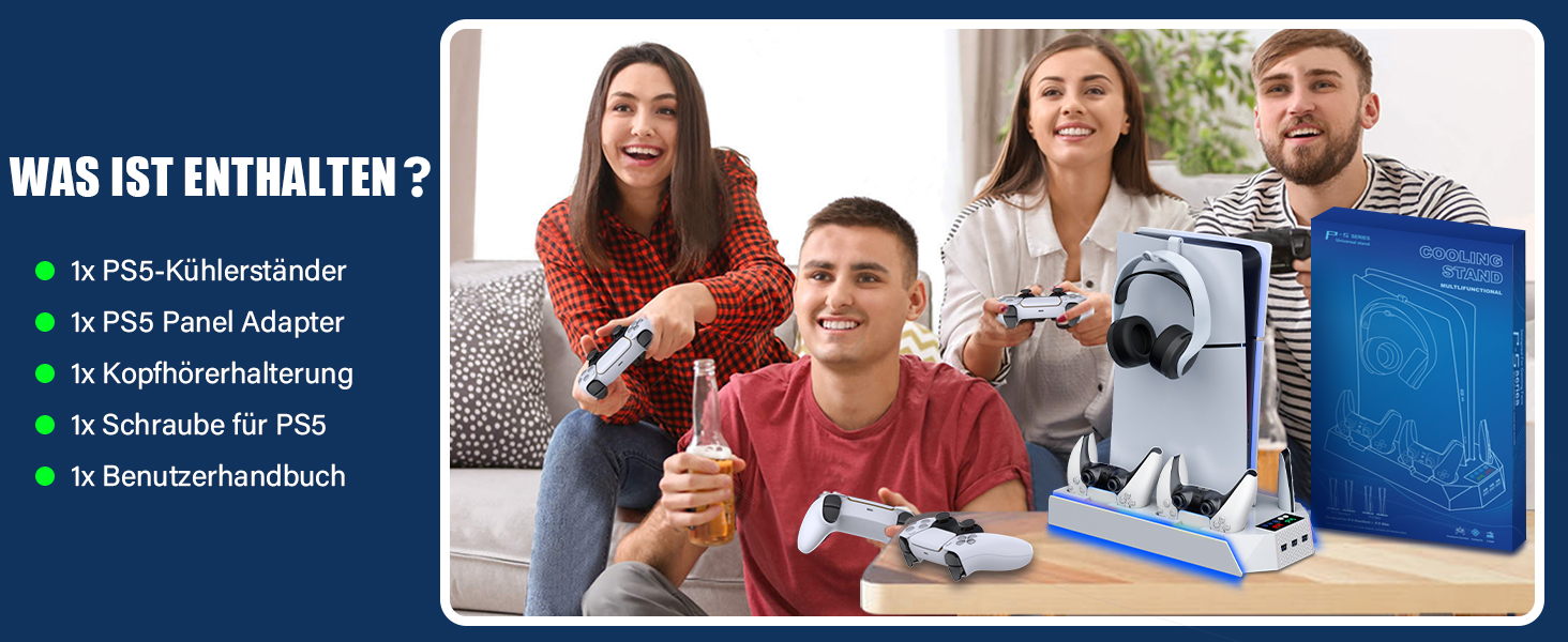 Підставка для PS5 Slim/Pro з зарядною станцією для контролера, RGB підсвічуванням, вентилятором, тримачем для навушників та USB хабом (чорний/білий)