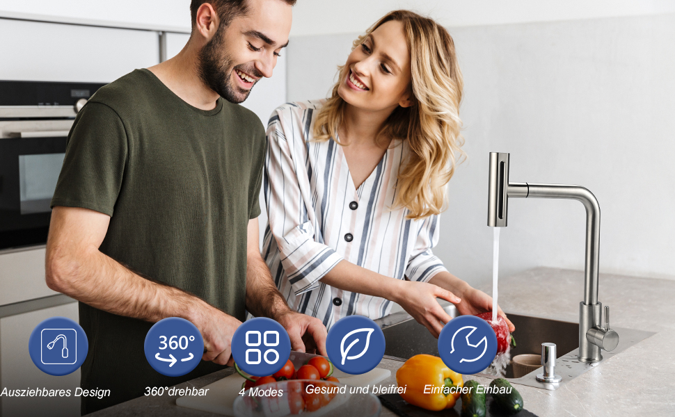 Кран кухонний висувний Cieex, 360° поворот, 4 режими, з душем, нержавіюча сталь, сріблястий