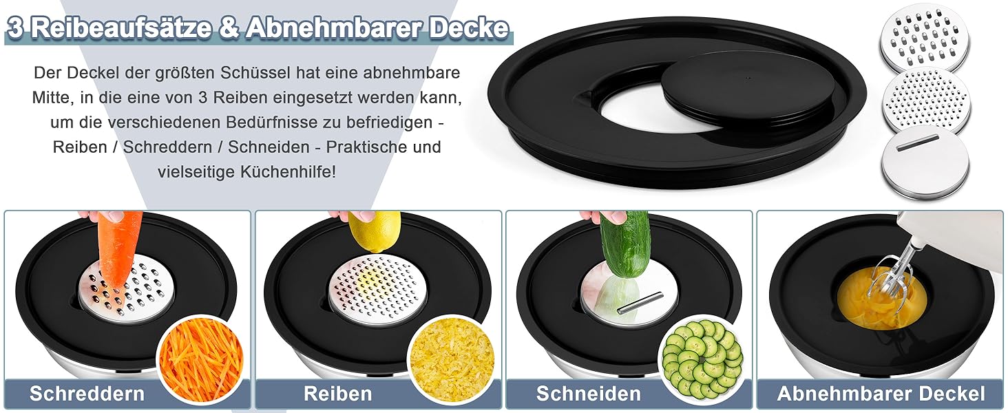 HaWare Mixing Bowl Set of 6, Stainless Steel Bowl Salad Bowl Set with Airtight Lid & 3 Grater Attachments, 4.6L/2.8L/2.5L/1.6L/1.2L/0.7L, Non-Slip Silicone Bottom & Dishwasher Safe, Black