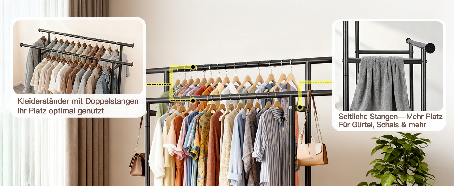 Підвісна шафа Treeboy на колесах, мобільний вішальник для одягу з 2 перекладинами та полицею, стабільний до 95 кг, легкі колеса, швидкий монтаж для спальні, вітальні, пральні, гардеробної, золото 41Tx113Bx162H(2Rods)