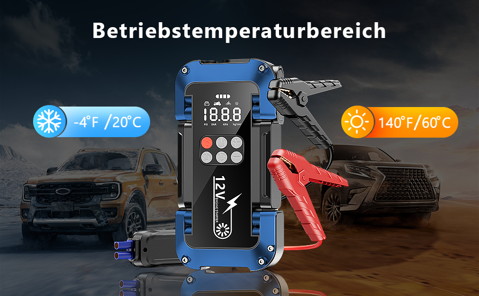 Powerbank Starthilfe 150PSI: портативний стартер для авто з компресором, 26800mAh, LED-ліхтар, LCD-дисплей