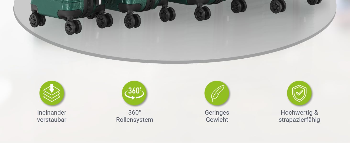 Набір валіз Juskys® з жорстким корпусом (4 шт.) - з кодовим замком, тихими 360° колесами, телескопічною ручкою, легкий, зелений