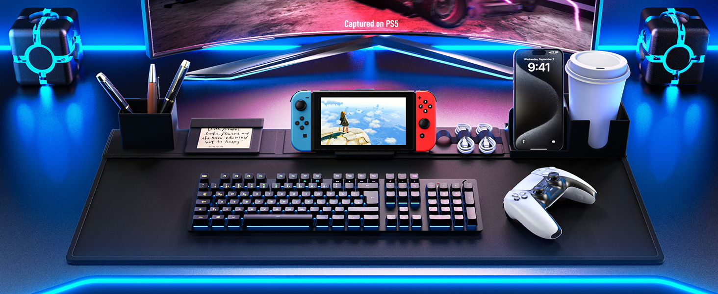 Килимок на стіл KDD 6-в-1 XXL для роботи та ігор, з органайзером, 80x35.5 см, чорний