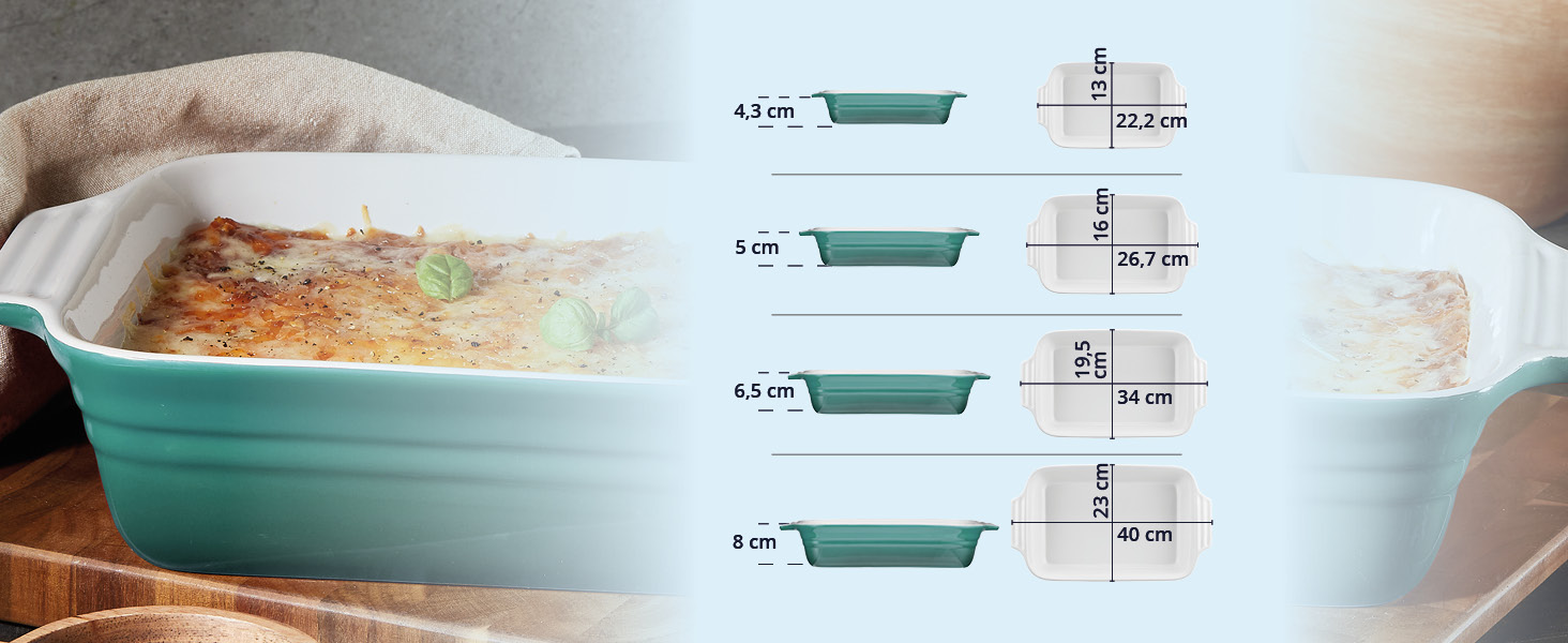 Форма для запікання KHG велика 40 см, блакитна, на 4-6 осіб, об'єм 3 літри, кераміка, прямокутна, стійка до подряпин, для лазаньї, тірамісу та інших запіканок, 1 шт.