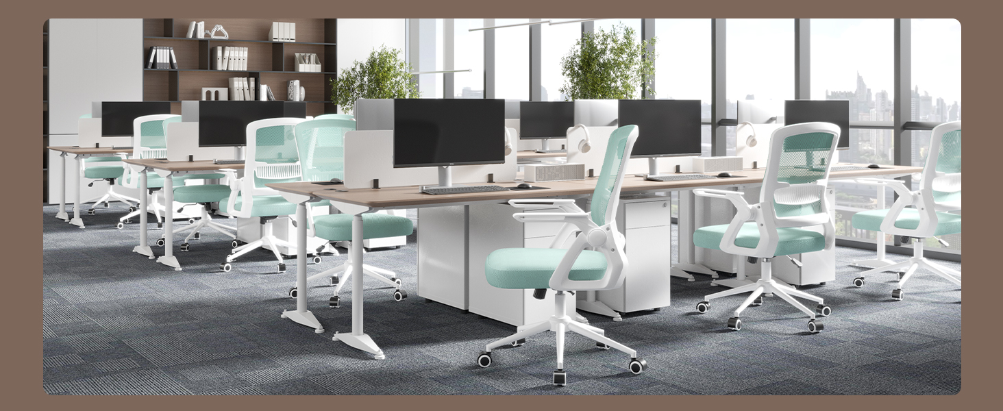 Офісний стіл Naspiro Ergonomischer Bürostuhl, регульований по висоті, з дихаючою спинкою з сітки, відкидні підлокітники на 90° та поперекова підтримка, високощільна піна для дому/офісу (Зелений, без підголівника)