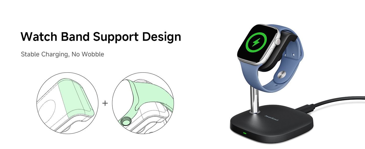 Зарядний пристрій для Apple Watch SwanScout 505A (Чорний): сумісний з Ultra 3, SE 3, Series 10, 9, 8, 7, 6, 5, 4, 3, 2, SE 2, 5W, бездротовий, регульований кут