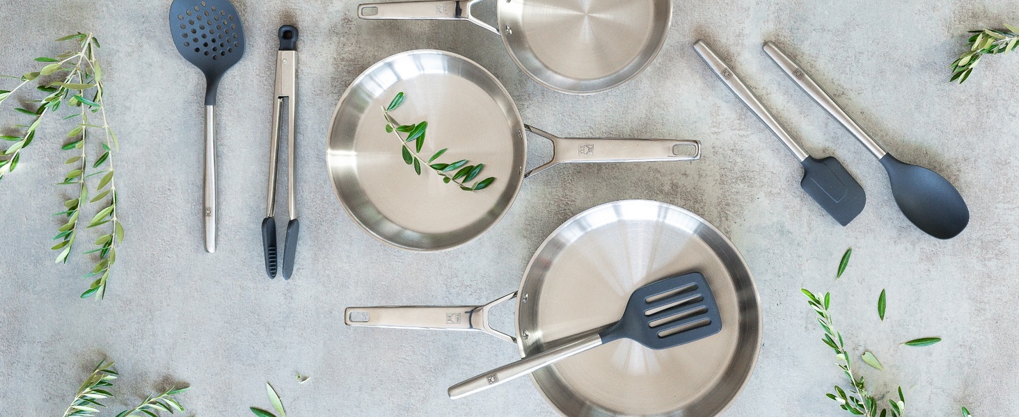 Набір сковорідок BRA Signature 20/24/26 см, професійний нержавіюча сталь 18/10, тришарове дно, для всіх плит (індукція), полірована поверхня