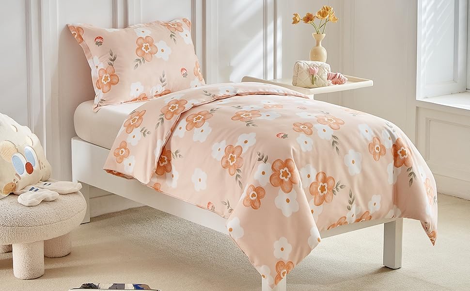 Дитяча постільна білизна для ліжечка, зелений квітковий принт, комплект для дівчинки, м'яка двостороння ковдра та наволочка, 120 x 150 см, зелений/квітковий