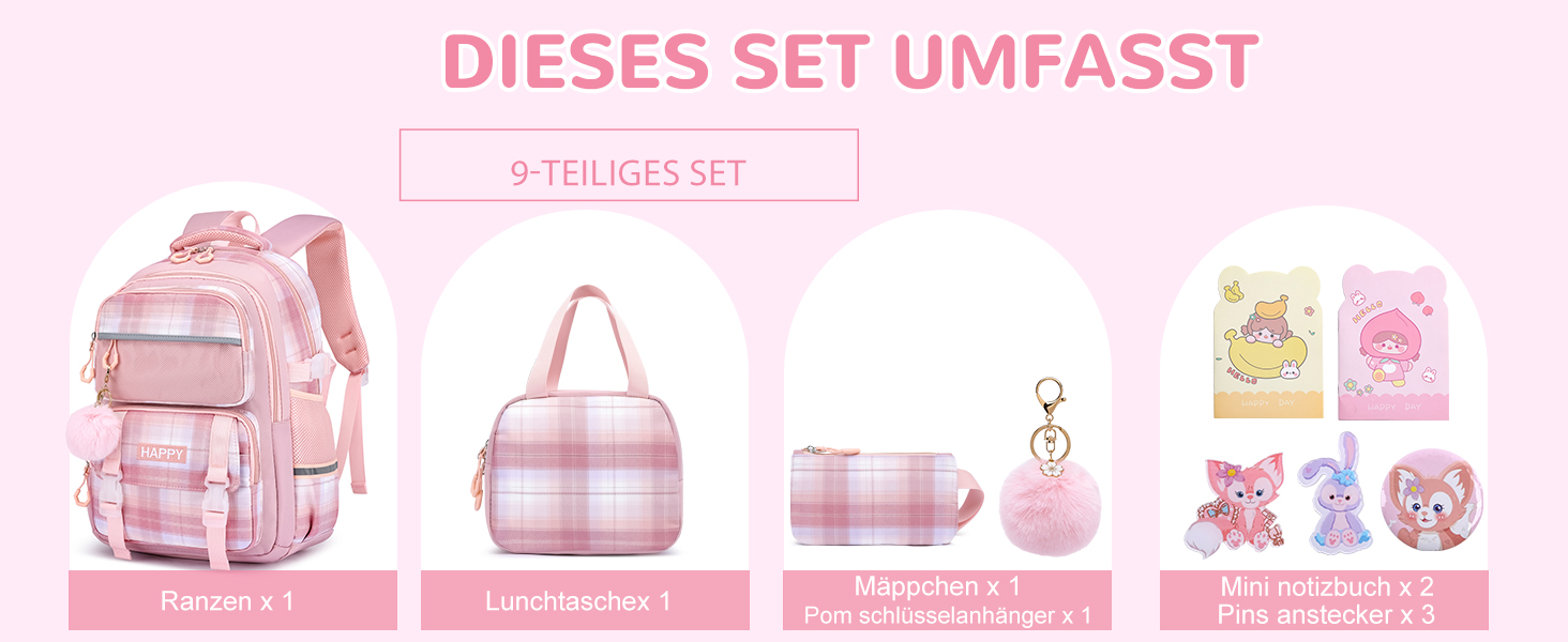 Шкільний рюкзак для дівчинки з візерунком, дихаючий та водовідштовхуючий рюкзак для 1-5 класів (рюкзак для дітей + ізольована ланч-торбинка + пенал, Рожевий)