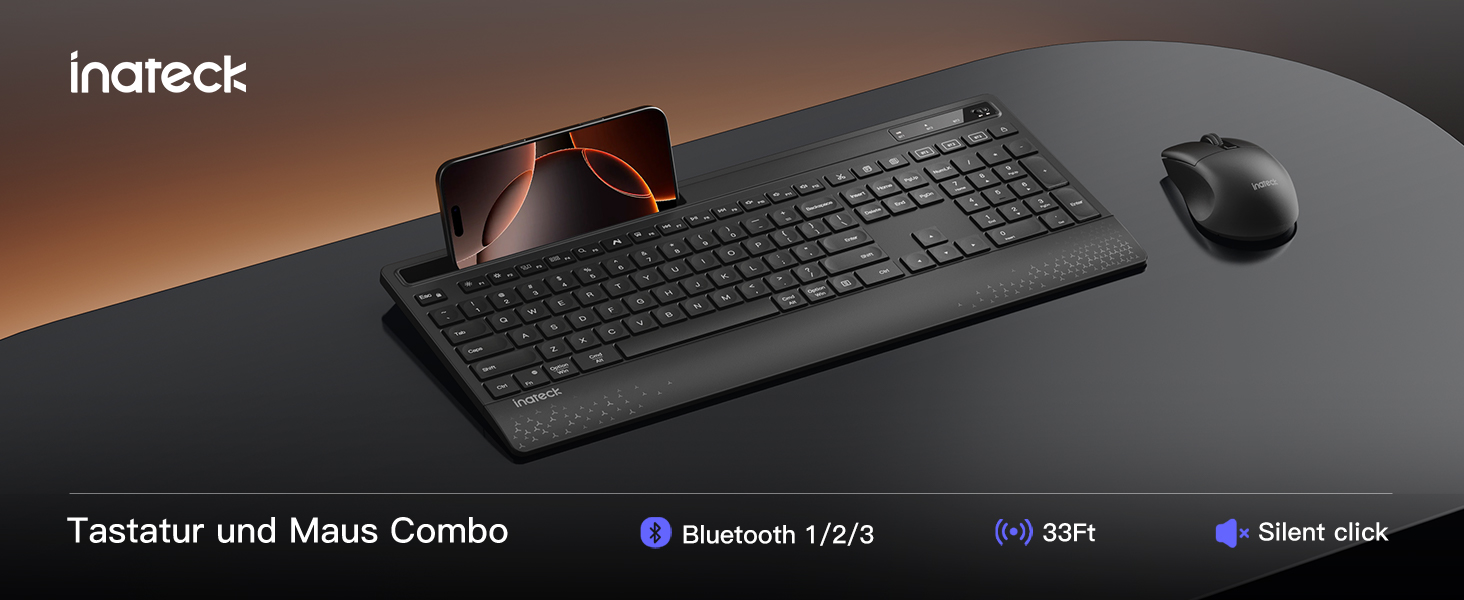 Inateck Бездротовий Комплект Клавіатури та Миші з Підсвічуванням, QWERTZ, з Підтримкою Bluetooth, з Підкладкою під Руку, для Mac, Windows, Laptop, PC, Smart TV, KB06006