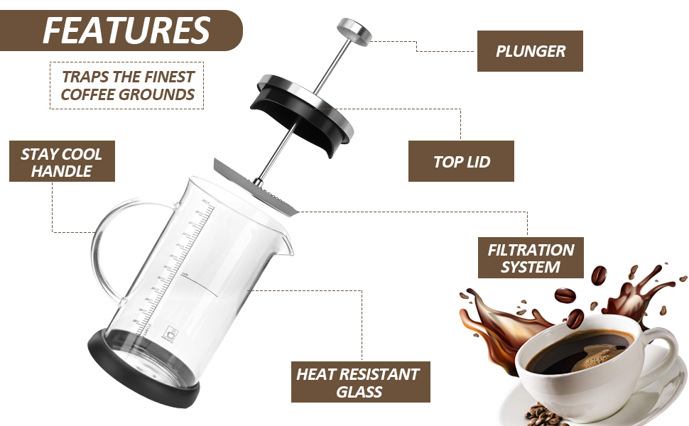 Френч-прес 600мл з нержавіючою сталлю, кавова преса, для приготування кави та чаю, стійке до нагрівання скло, підходить для миття в посудомийній машині