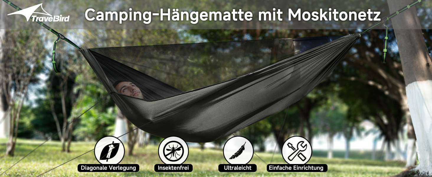 Гамак для кемпінгу з москітною сіткою та відтяжкою, великий на 2 особи, 290 x 140 см, легкий, для відпочинку на природі, походів, подорожей та рюкзаків, армійний зелений (чорний)