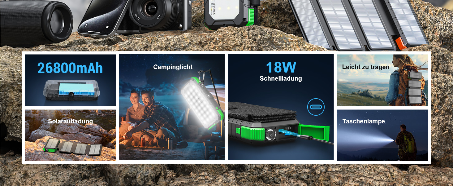 Сонячний Power Bank WASTDE 26800mAh з сонячною панеллю, чорний: зарядний пристрій для телефону, планшета, з ліхтариком (SOS), водонепроникний, для кемпінгу та подорожей