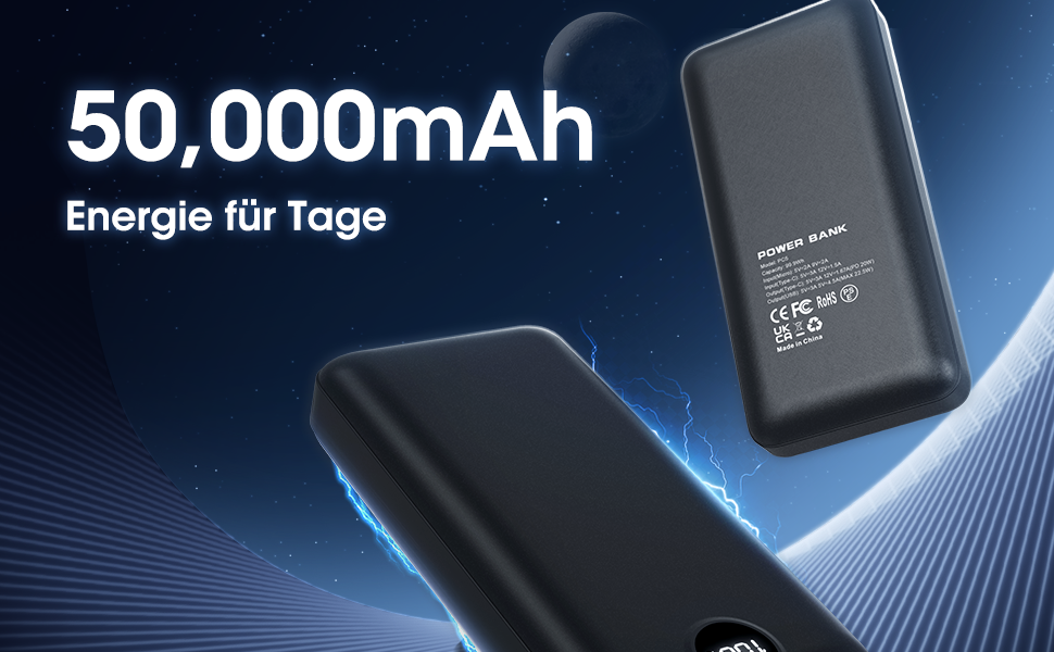 Power Bank 50000mAh з LED дисплеєм: Швидка зарядка 22.5W, USB-C, 3 виходи та 2 входи (Чорний)