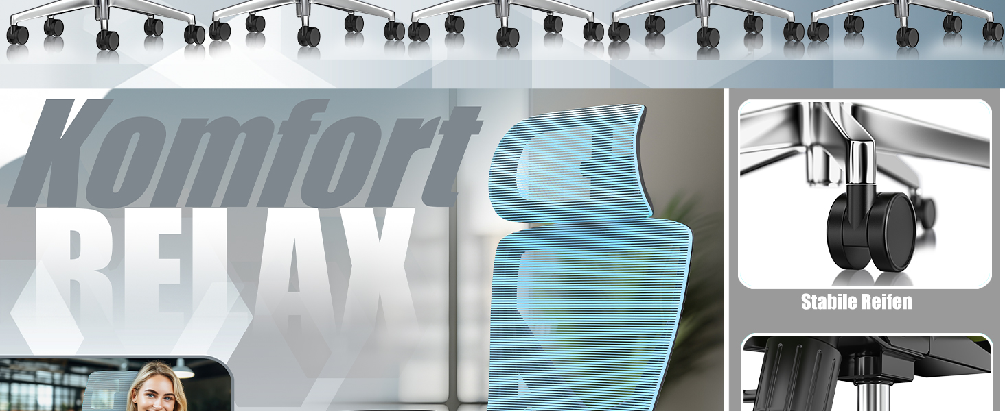 Крісло офісне KESSER® ергономічне з регульованими підлокітниками, поворотне з підтримкою попереку, з підголівником, функція гойдання до 125° та 5 роликів, блакитне/сріблясте