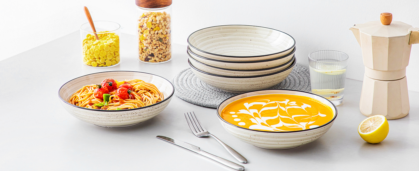 Набір тарілок для супу Vancasso Bonbon (6 шт.), кераміка, 21.7 x 5.5 см. Глибокі тарілки для супу, пасти, рамену, салату. Можна мити в посудомийній машині та використовувати в мікрохвильовці. Бежевий колір.