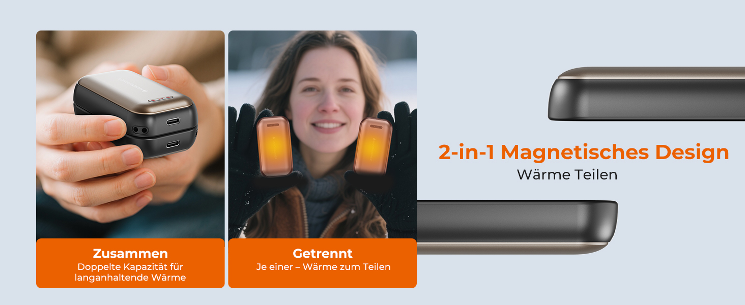 Електричний гріє для рук 2 шт. – 6000mAh, магнітний, USB-C, 3 рівні нагріву до 55°C, для активного відпочинку, кемпінгу, гольфу, синдром Рейно