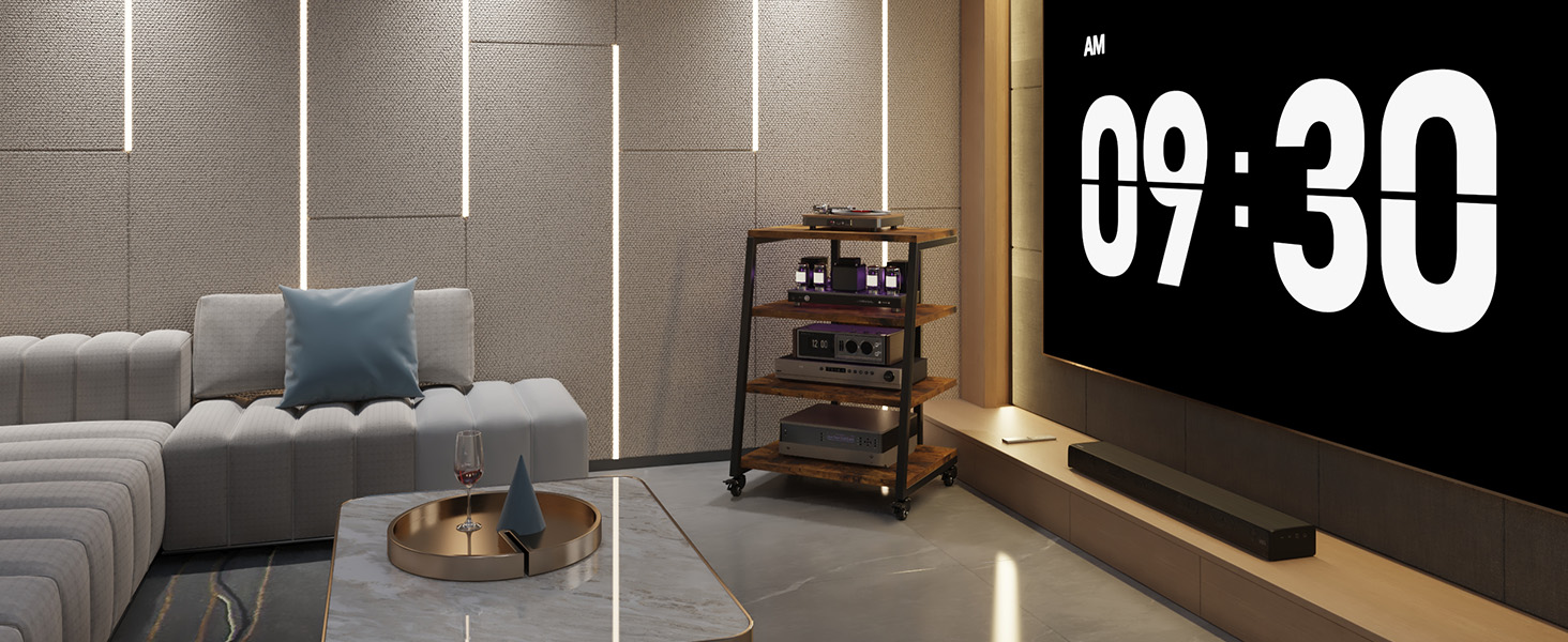 Hi-Fi тумба з колесами для програвача, з розетками, LED підсвіткою, дерев'яний медіа-стійка для аудіо, стерео, TV, 60x52x78 см