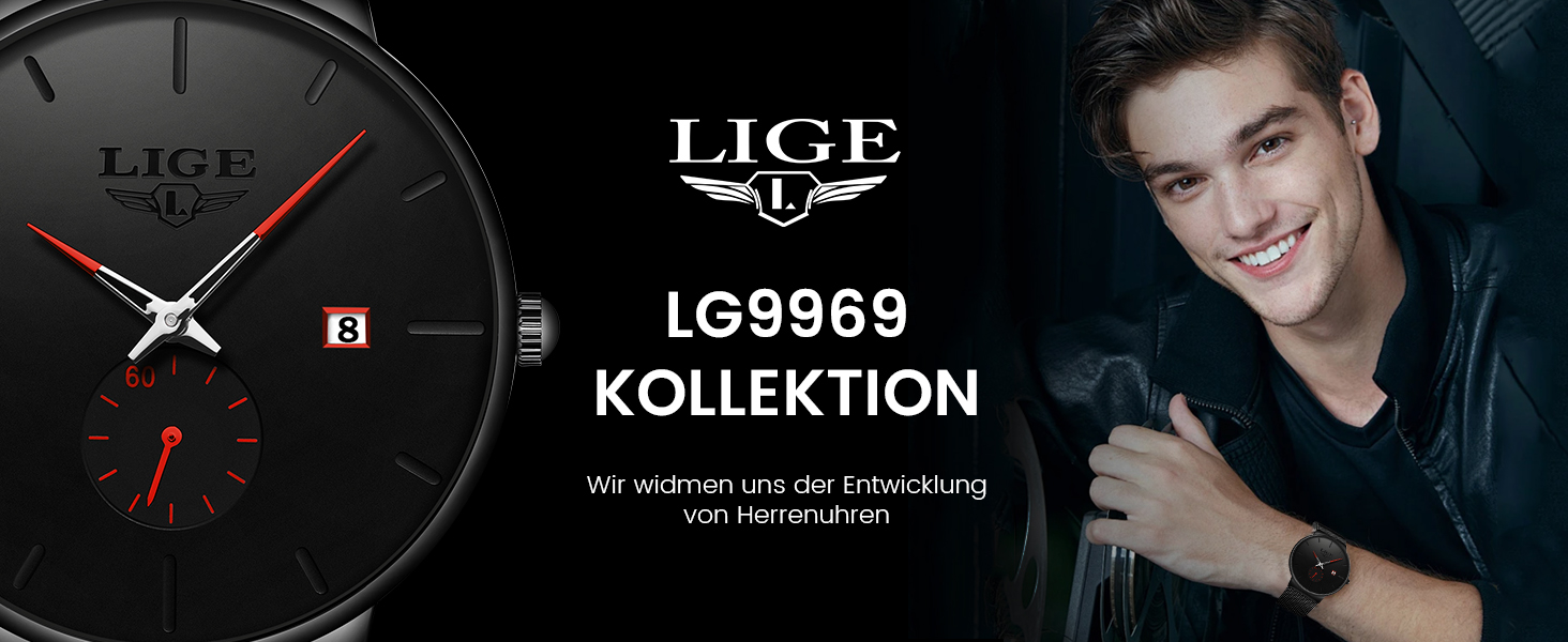 Годинник чоловічий LIGE Retro з металевим браслетом, водонепроникні, аналогові, кварцові, з датою, стильні, для бізнесу та повсякденного носіння (червоний, чорний)