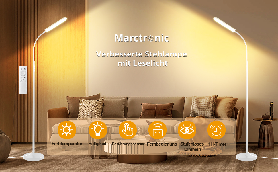 LED-стійка лампа Marctronic для вітальні, димерна, з пультом та сенсорним керуванням, 18W, 1800LM, сучасний дизайн, для офісу, спальні, біла
