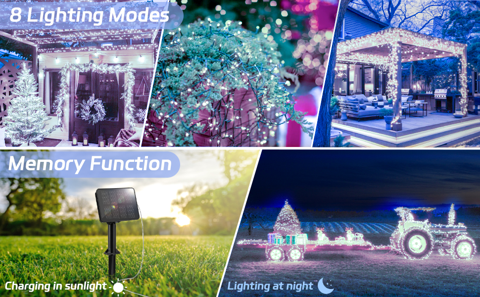 Сонячна гірлянда для зовнішнього використання, 12м, 120 LED, холодне біле світло, 8 режимів. Підходить для декору саду, двору, тераси, весіль. Вологостійка.