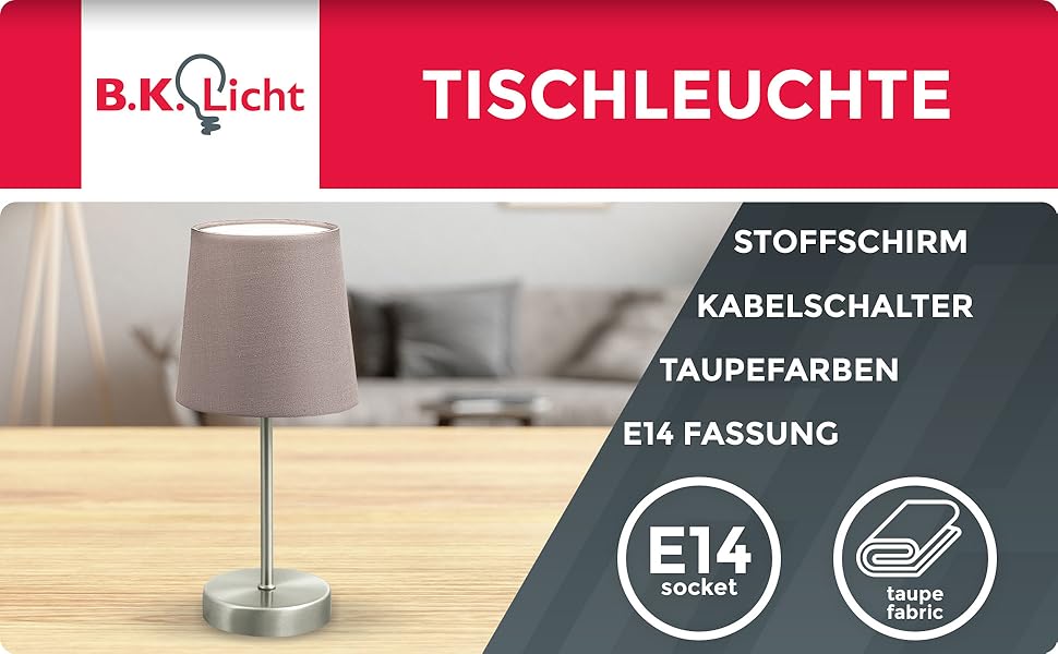 Вінтажна настільна лампа B.K.Licht з абажуром з тканини, 33x20 см (Taupe)