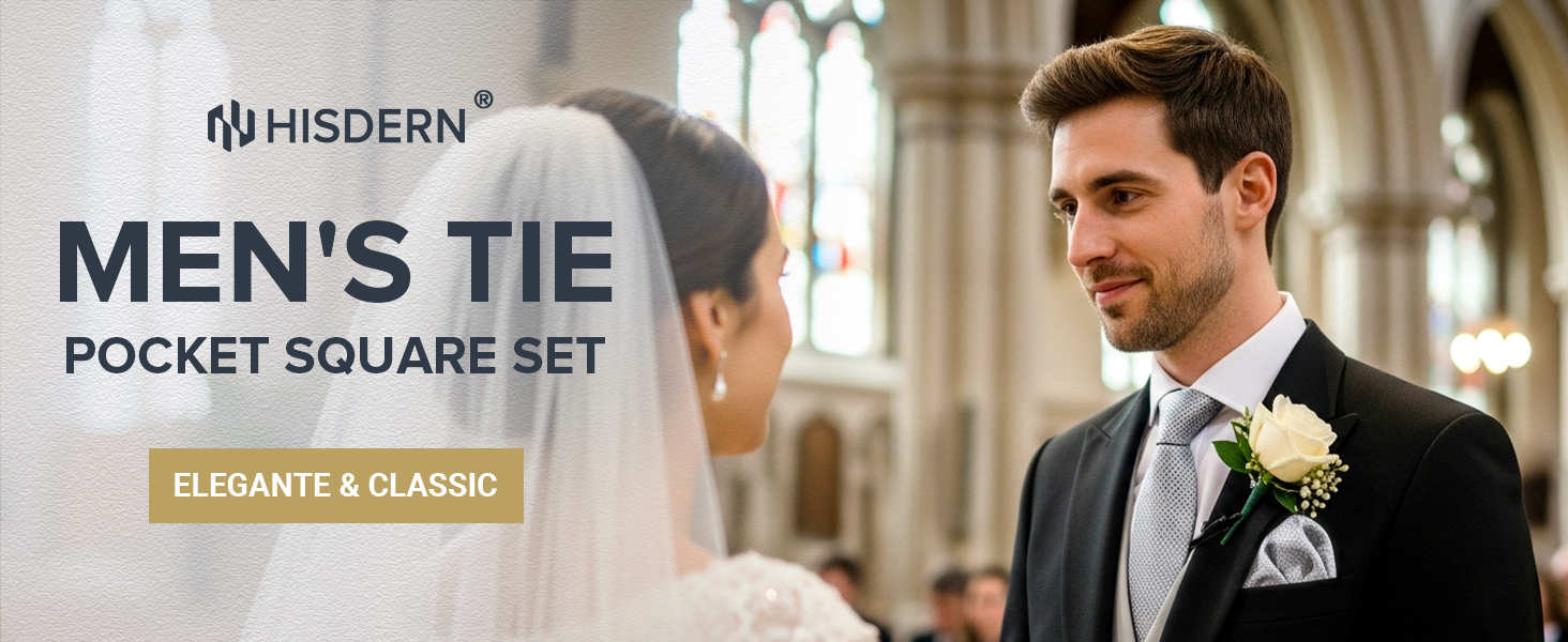 Краватка та нагрудний хустинка HISDERN: комплект для весілля, ділових зустрічей та свят (срібно-сірий)