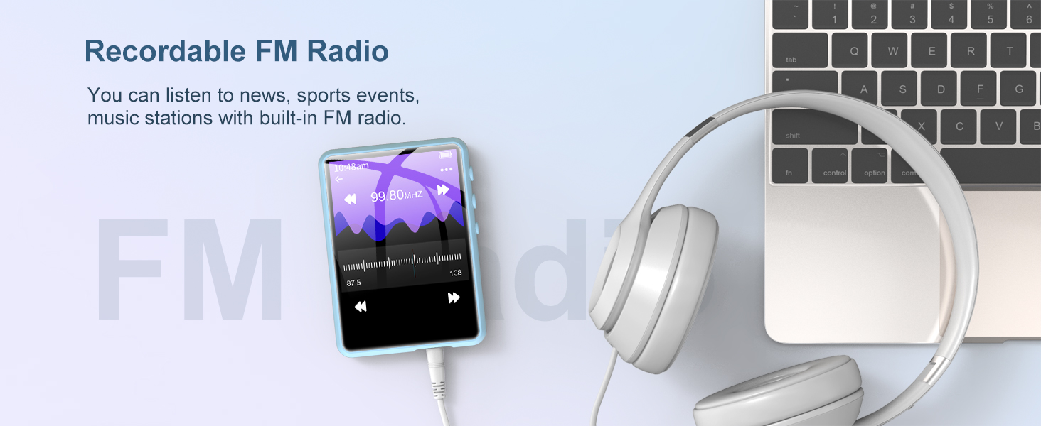 MP3-плеєр 64GB Bluetooth 5.3 з сенсорним екраном 2.4' для дітей, FM-радіо, запис голосу, Line-In (Чорний, Синій)