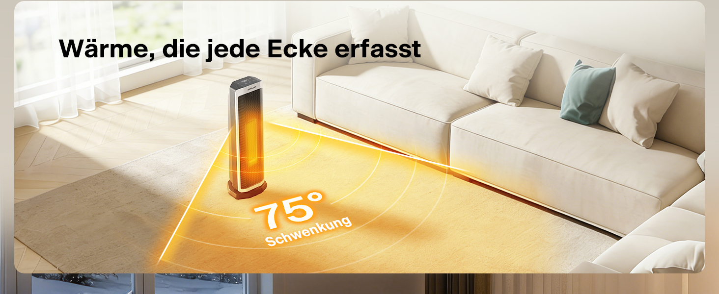 Електричний обігрівач PELONIS 2000W з пульт, 3S Швидкий нагрів, ECO режим, 75° коливання, термостат (5-35°C), таймер 8h, тиха керамічна панель, білий, 59см