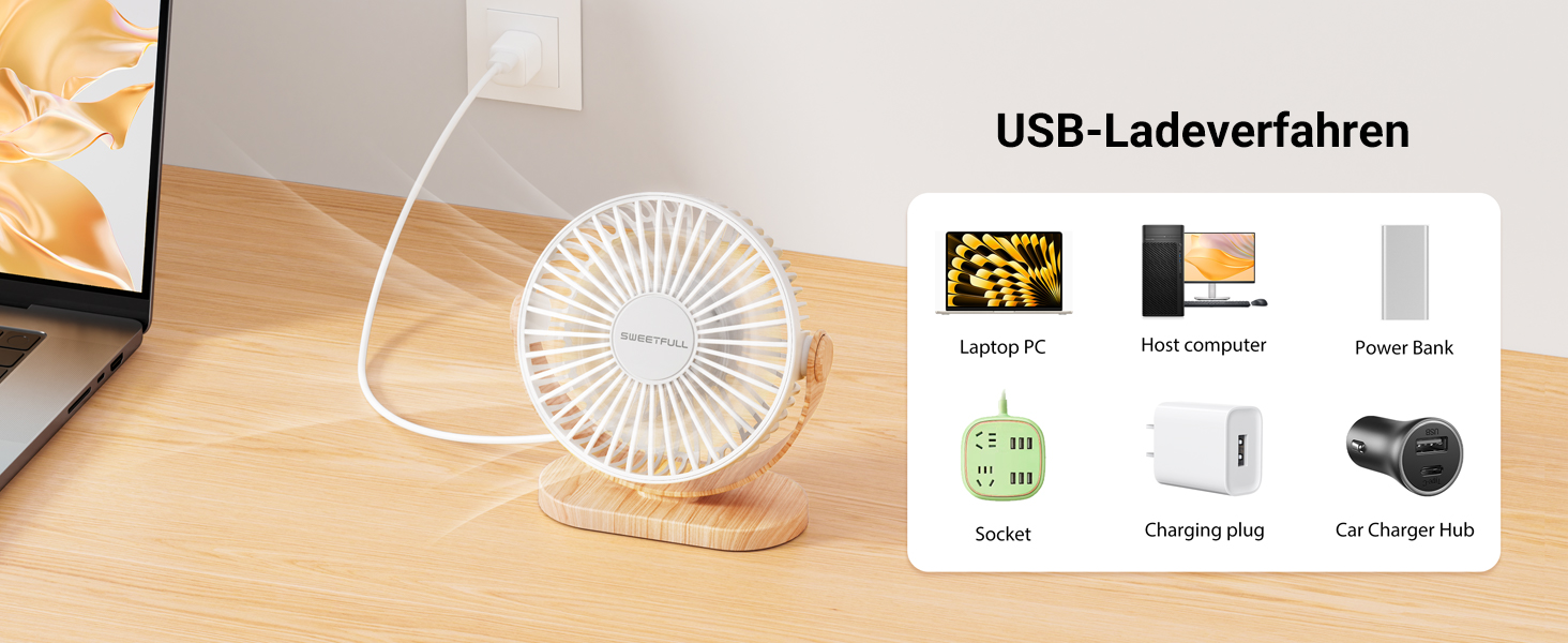 USB вентилятор SWEETFULL Mini — компактний настільний безшумний вентилятор, 3 швидкості, білий, для офісу та дому