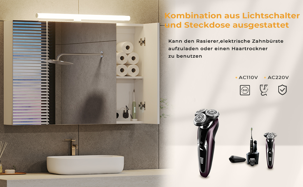 Дзеркальна шафа для ванної кімнати DICTAC з LED-підсвічуванням, розеткою та вимикачем (90x16x60 см), 3 дверцята, білий колір